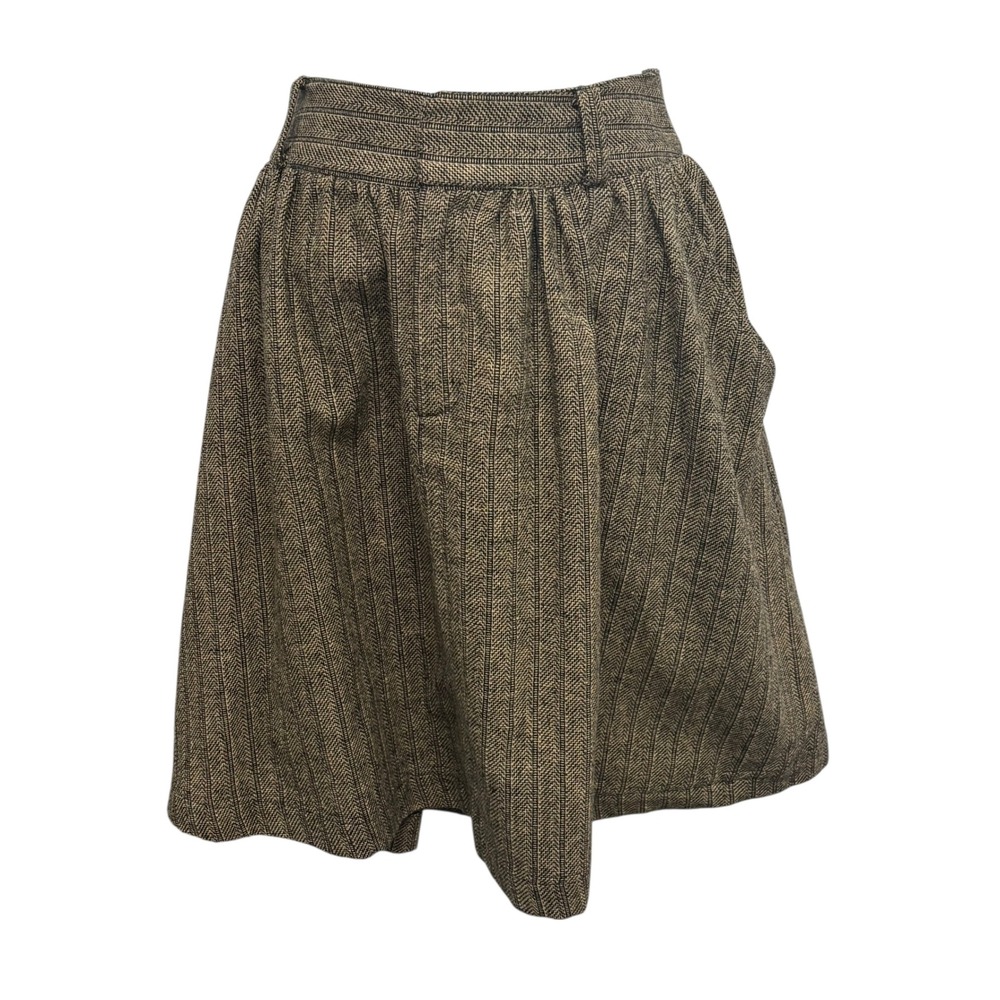 Aoyama Itchome Brown Herringbone Pleated Skirt Wool Blend Pockets Womens Medium